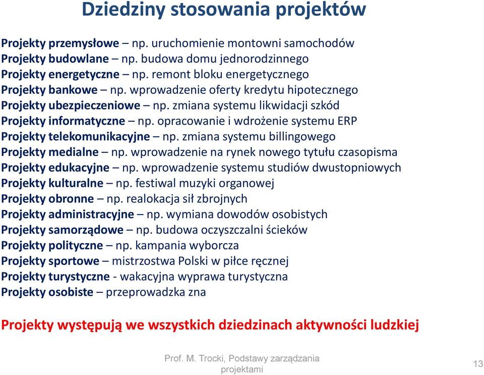 opracowanie i wdrożenie systemu ERP Projekty telekomunikacyjne np. zmiana systemu billingowego Projekty medialne np. wprowadzenie na rynek nowego tytułu czasopisma Projekty edukacyjne np.