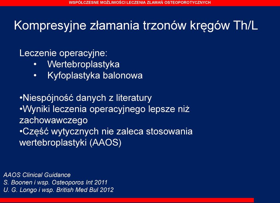 lepsze niż zachowawczego Część wytycznych nie zaleca stosowania wertebroplastyki (AAOS)