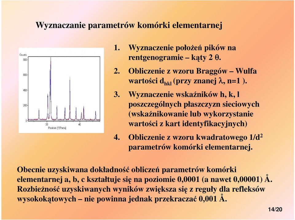 Wyznaczenie wskaźników h, k, l poszczególnych płaszczyzn sieciowych (wskaźnikowanie lub wykorzystanie wartości z kart identyfikacyjnych) 4.