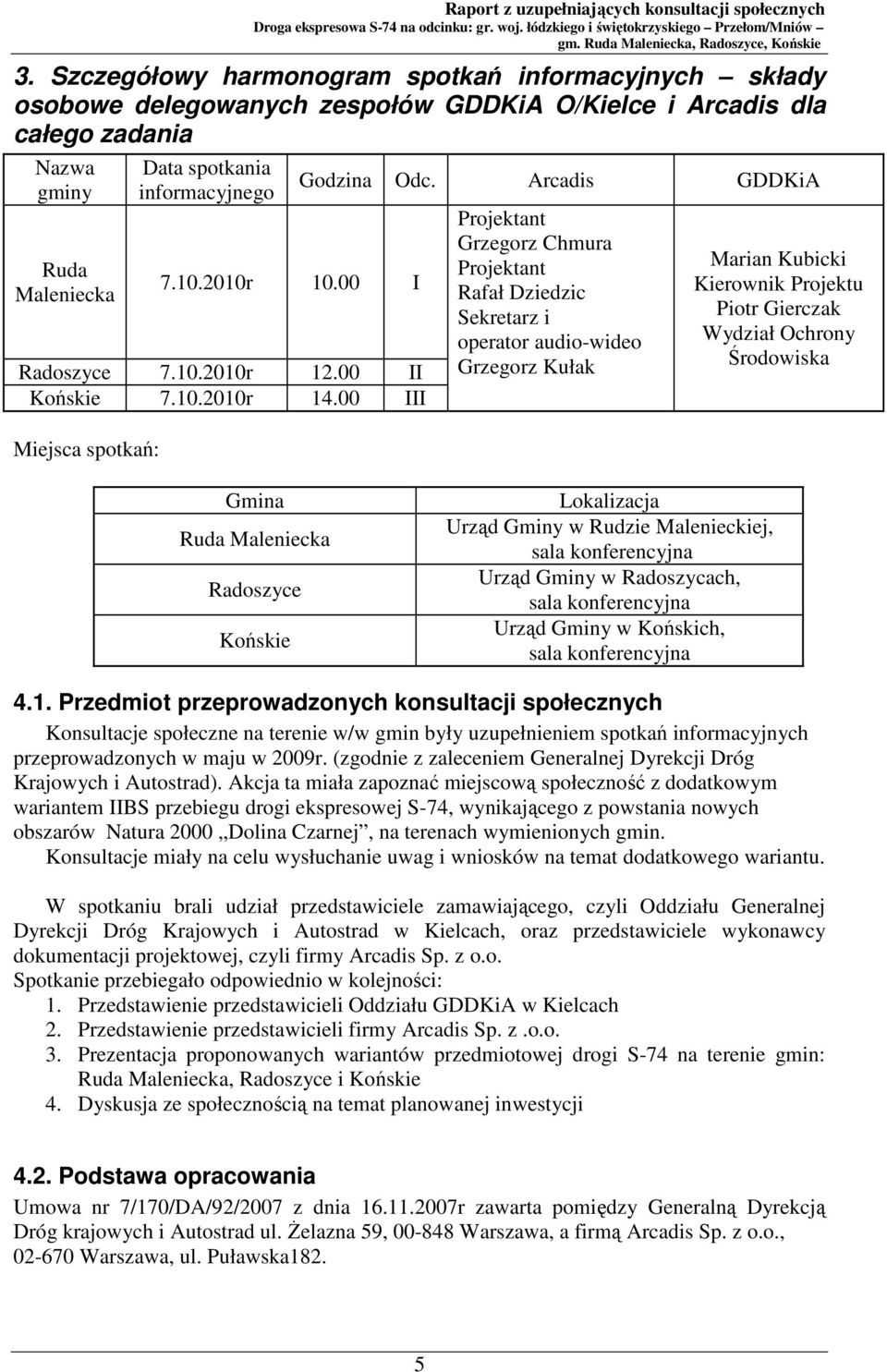 Arcadis GDDKiA Projektant Grzegorz Chmura Projektant Rafał Dziedzic Sekretarz i operator audio-wideo Grzegorz Kułak Marian Kubicki Kierownik Projektu Piotr Gierczak Wydział Ochrony Środowiska Gmina