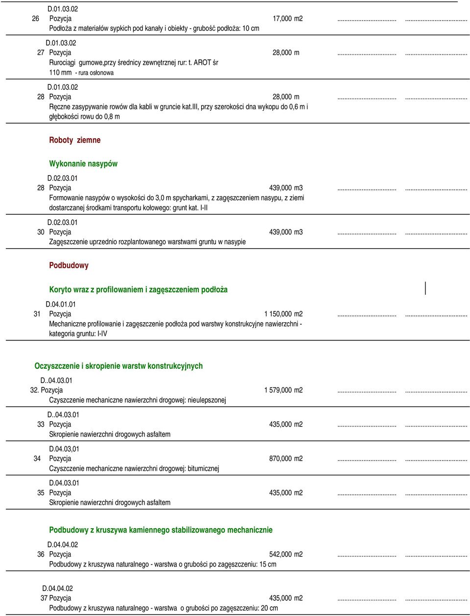 iii, przy szerokości dna wykopu do 0,6 m i głębokości rowu do 0,8 m Roboty ziemne Wykonanie nasypów D.02.03.01 28 Pozycja 439,000 m3.