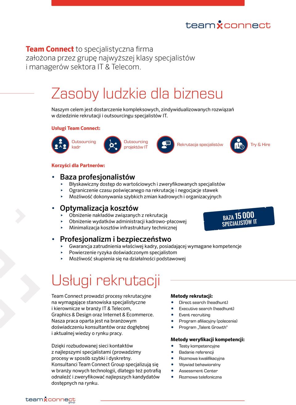 Usługi Team Connect: Outsourcing kadr Outsourcing projektów IT Rekrutacja specjalistów Try & Hire Korzyści dla Partnerów: Baza profesjonalistów Błyskawiczny dostęp do wartościowych i zweryfikowanych