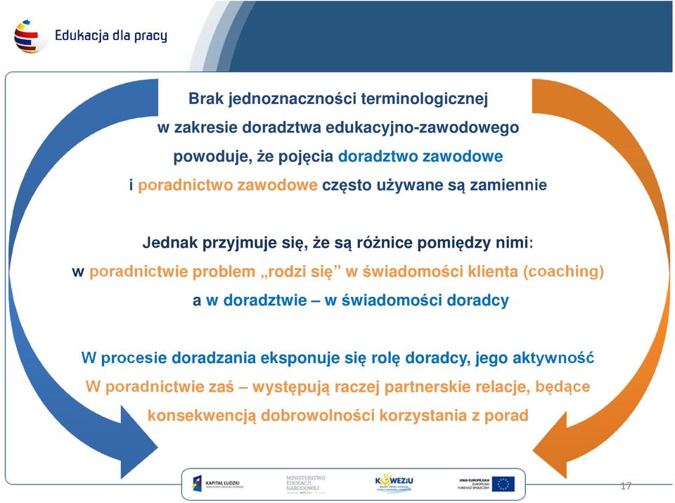 rodzi się w świadomości klienta (coaching) a w doradztwie w świadomości doradcy W procesie doradzania eksponuje się rolę