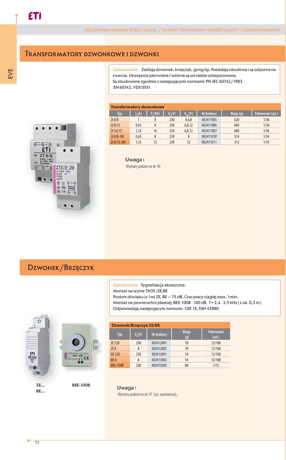 Są zbudowane zgodnie z następującymi normami: PN-IEC 60742/1983, EN 60742, VDE 0551 Transformatory dzwonkowe Typ I N (A) P N (VA) U N (V) U 2N (V) Nr kodowy Waga (g) Pakowanie (szt.