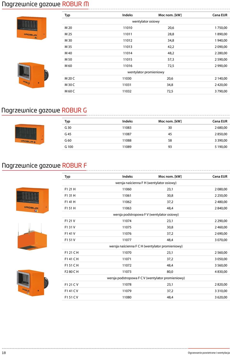 990,00 wentylator promieniowy M 20 C 11030 20,6 2 140,00 M 30 C 11031 34,8 2 420,00 M 60 C 11032 72,5 3 790,00 Nagrzewnice gazowe ROBUR G Typ Indeks Moc nom.