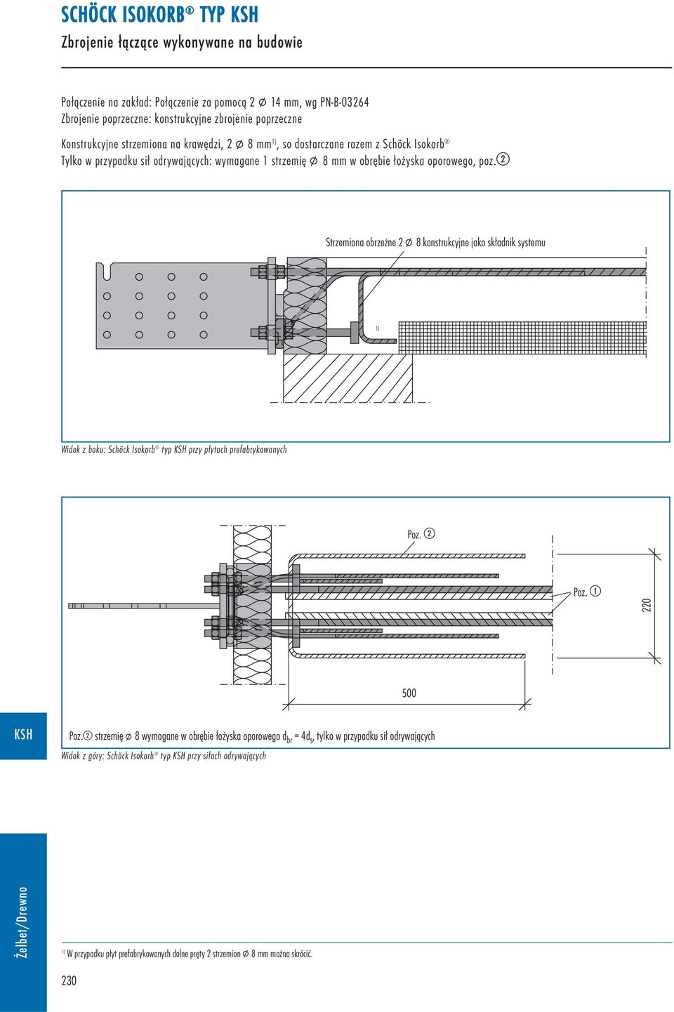 2 Strzemiona obrzeżne 2 P 8 konstrukcyjne jako składnik systemu 1) Widok z boku: Schöck Isokorb typ przy płytach prefabrykowanych Poz. 2 Poz. 1 220 500 Poz.
