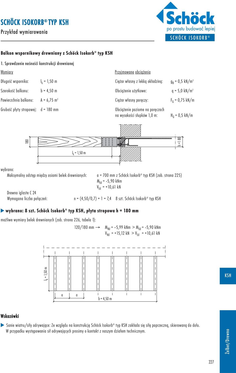 użytkowe: q = 5,0 kn/m 2 Powierzchnia balkonu: A = 6,75 m 2 Ciężar własny poręczy: F G = 0,75 kn/m Grubość płyty stropowej: d = mm Obciążenie poziome na poręczach na wysokości słupków 1,0 m: H G =