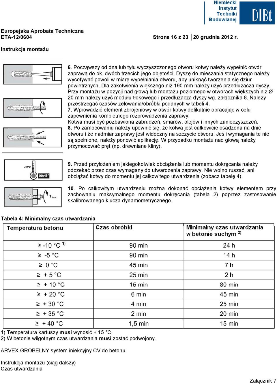 Przy montażu w pozycji nad głową lub montażu poziomego w otworach większych niż Ø 20 mm należy użyć modułu tłokowego i przedłużacza dyszy wg. załącznika 8.