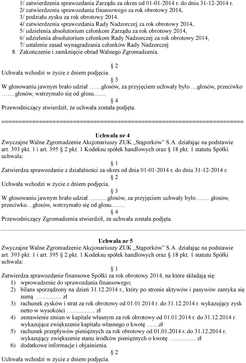 obrotowy 2014, 7/ ustalenie zasad wynagradzania członków Rady Nadzorczej 8. Zakończenie i zamknięcie obrad Walnego Zgromadzenia. W głosowaniu jawnym brało udział...głosów, za przyjęciem uchwały było.