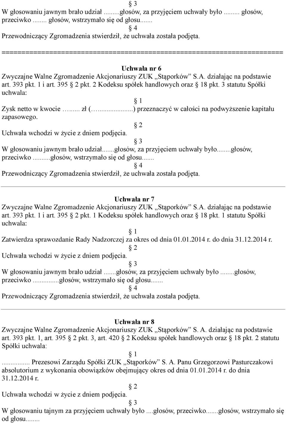 ..głosów, za przyjęciem uchwały było...głosów, przeciwko...głosów, wstrzymało się od głosu... Uchwała nr 7 art. 393 pkt. 1 i art. 395 pkt. 1 Kodeksu spółek handlowych oraz 8 pkt.