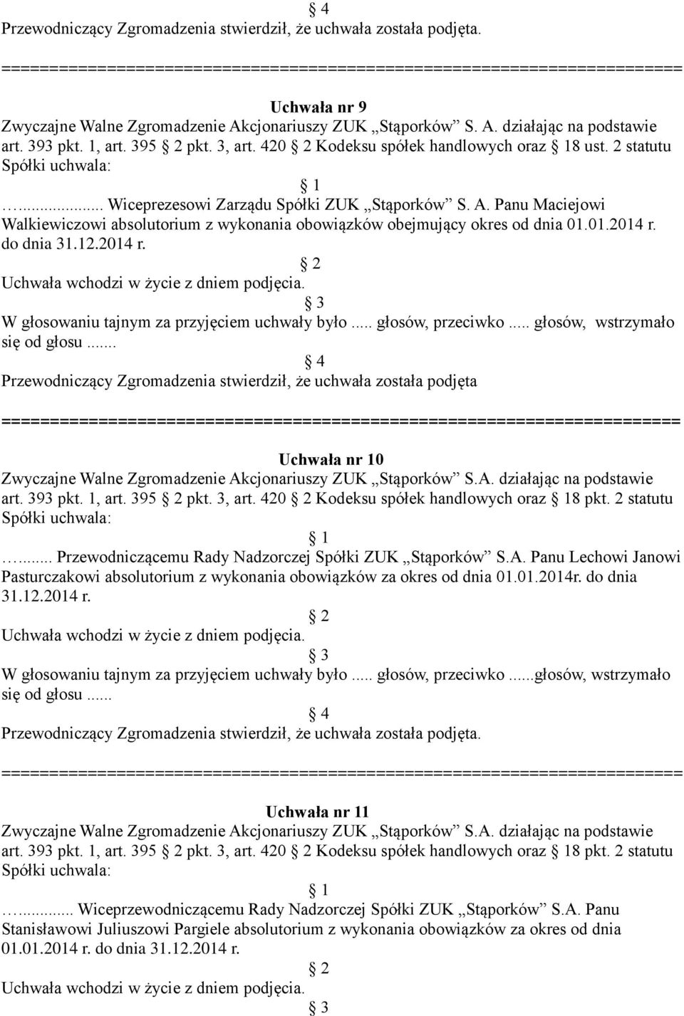 do dnia W głosowaniu tajnym za przyjęciem uchwały było... głosów, przeciwko... głosów, wstrzymało.