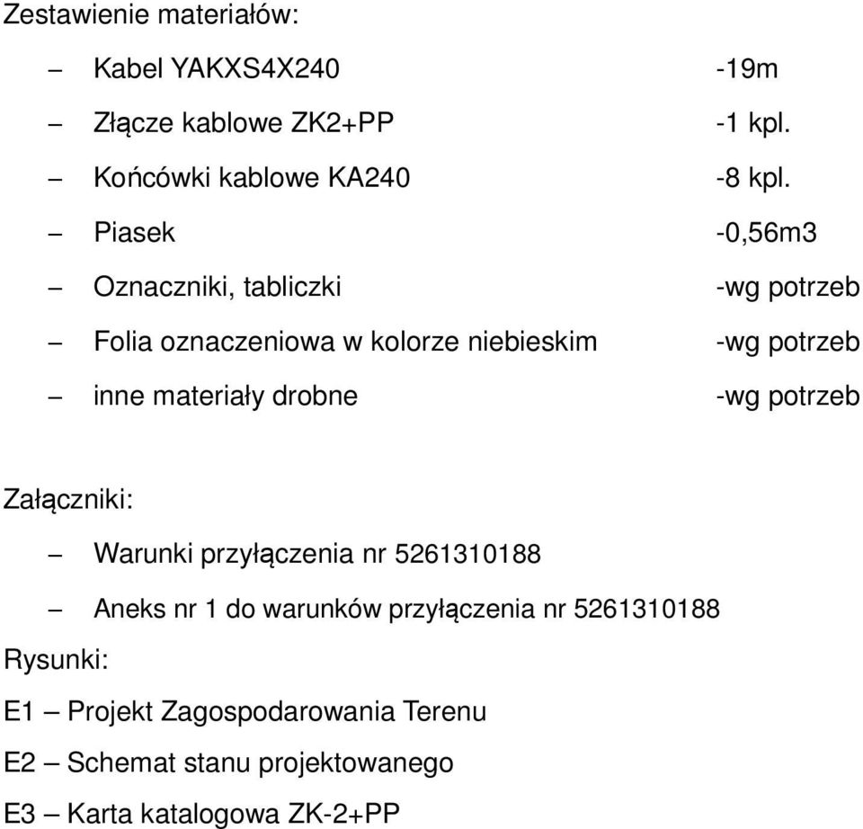 materiały drobne -wg potrzeb Załączniki: Warunki przyłączenia nr 5261310188 Aneks nr 1 do warunków