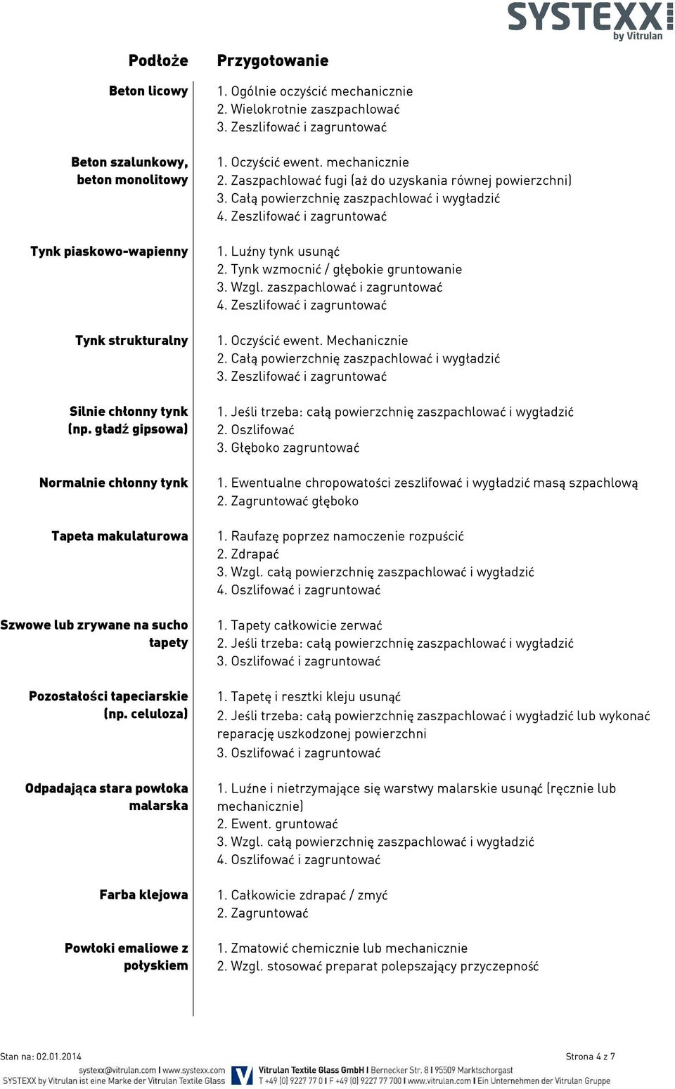 celuloza) Odpadająca stara powłoka malarska Farba klejowa Powłoki emaliowe z połyskiem 1. Ogólnie oczyścić mechanicznie 2. Wielokrotnie zaszpachlować 3. Zeszlifować i zagruntować 1. Oczyścić ewent.