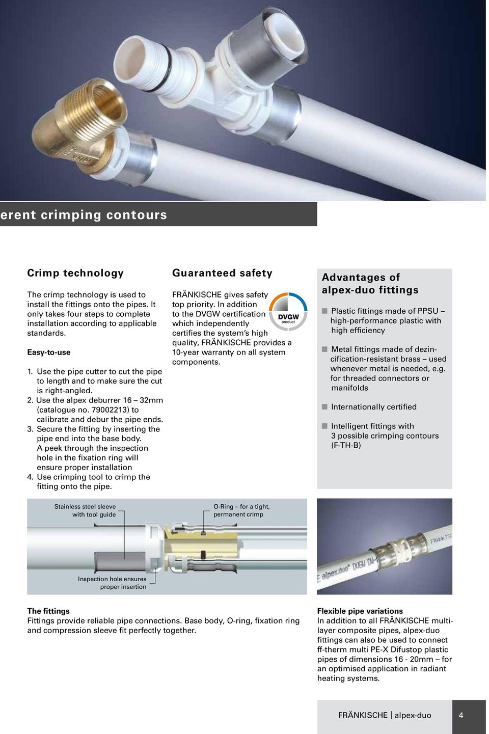 3. Secure the fitting by inserting the pipe end into the base body. A peek through the inspection hole in the fixation ring will ensure proper installation 4.