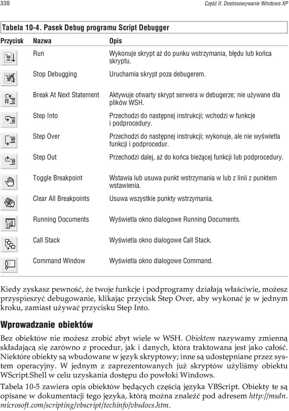 Przechodzi do nastêpnej instrukcji; wchodzi w funkcje i podprocedury. Przechodzi do nastêpnej instrukcji; wykonuje, ale nie wyœwietla funkcji i podprocedur.