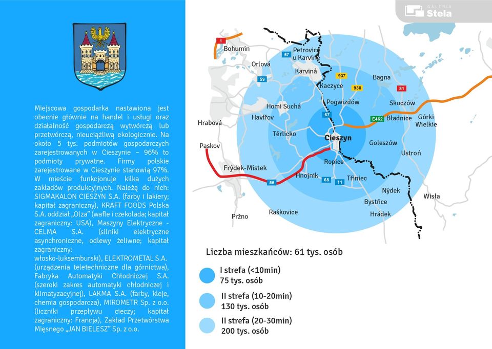 W mieście funkcjonuje kilka dużych zakładów produkcyjnych. Należą do nich: SIGMAKALON CIESZYN S.A. (farby i lakiery; kapitał zagraniczny), KRAFT FOODS Polska S.A. oddział Olza (wafle i czekolada; kapitał zagraniczny: USA), Maszyny Elektryczne - CELMA S.