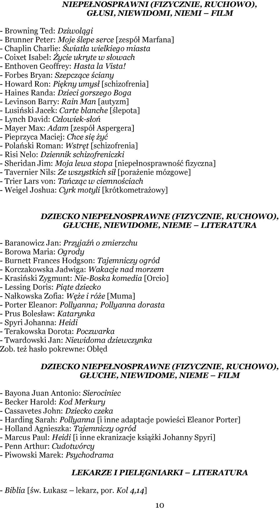 - Forbes Bryan: Szepczące ściany - Howard Ron: Piękny umysł [schizofrenia] - Haines Randa: Dzieci gorszego Boga - Levinson Barry: Rain Man [autyzm] - Lusiński Jacek: Carte blanche [ślepota] - Lynch