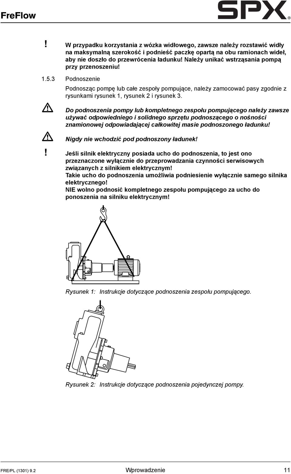 Do podnoszenia pompy lub kompletnego zespołu pompującego należy zawsze używać odpowiedniego i solidnego sprzętu podnoszącego o nośności znamionowej odpowiadającej całkowitej masie podnoszonego