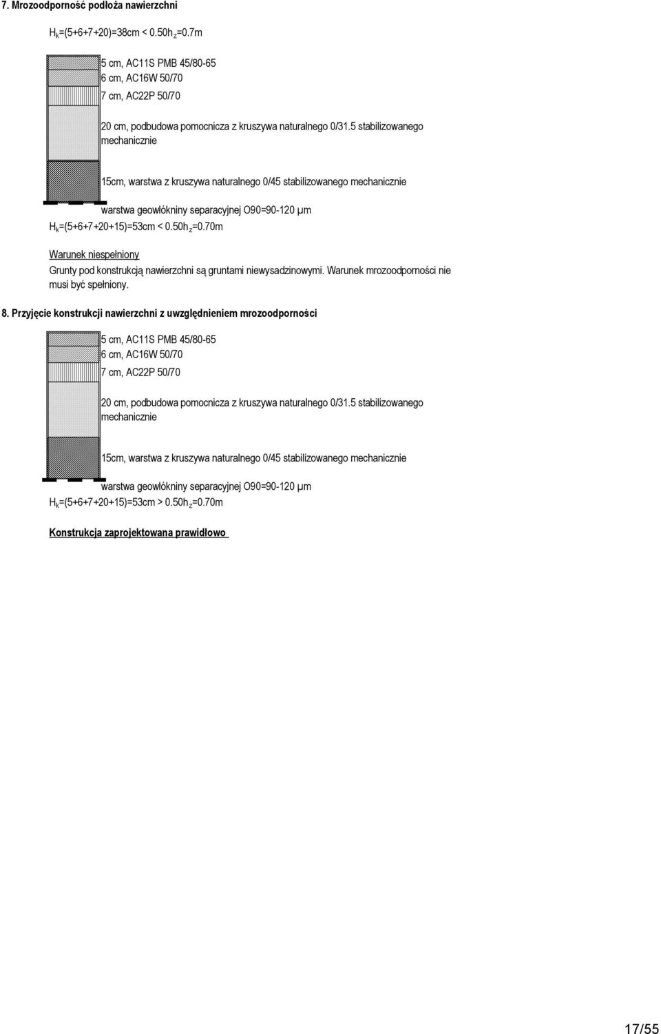 70m Warunek niespełniony Grunty pod konstrukcją nawierzchni są gruntami niewysadzinowymi. Warunek mrozoodporności nie musi być spełniony. 8.