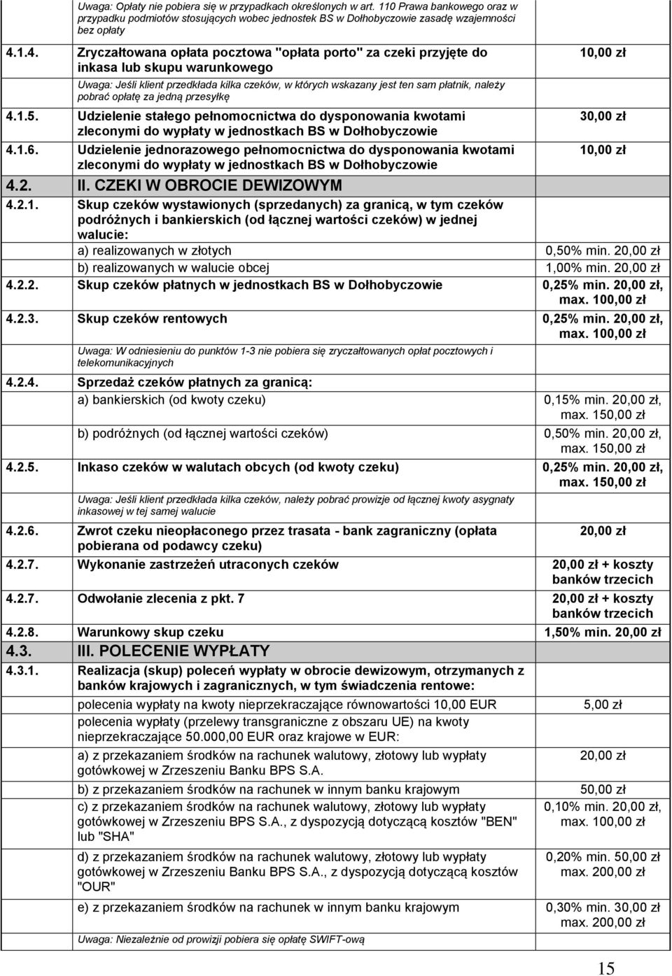 opłatę za jedną przesyłkę 4.1.5. Udzielenie stałego pełnomocnictwa do dysponowania kwotami zleconymi do wypłaty w jednostkach BS w Dołhobyczowie 4.1.6.