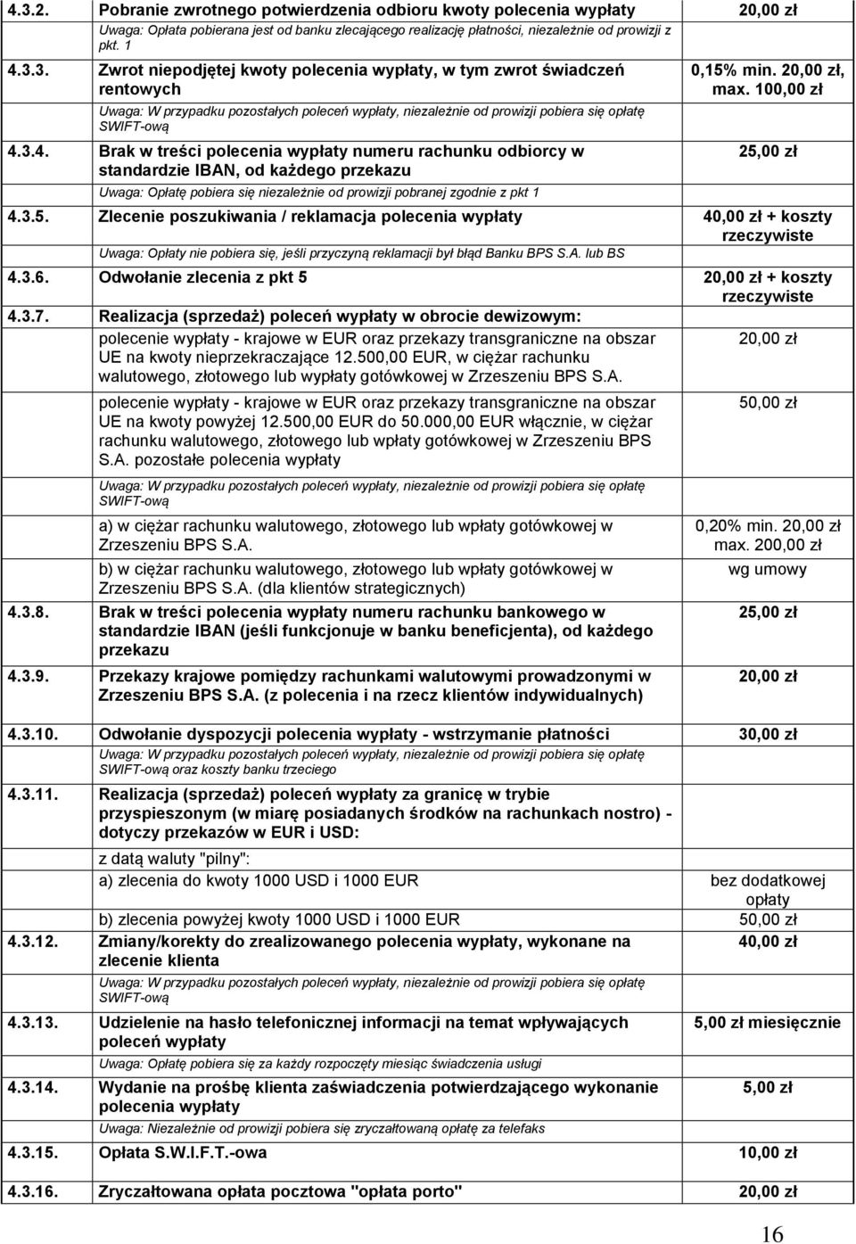 100,00 zł 25,00 zł 4.3.5. Zlecenie poszukiwania / reklamacja polecenia wypłaty 40,00 zł + koszty rzeczywiste Uwaga: Opłaty nie pobiera się, jeśli przyczyną reklamacji był błąd Banku BPS S.A. lub BS 4.