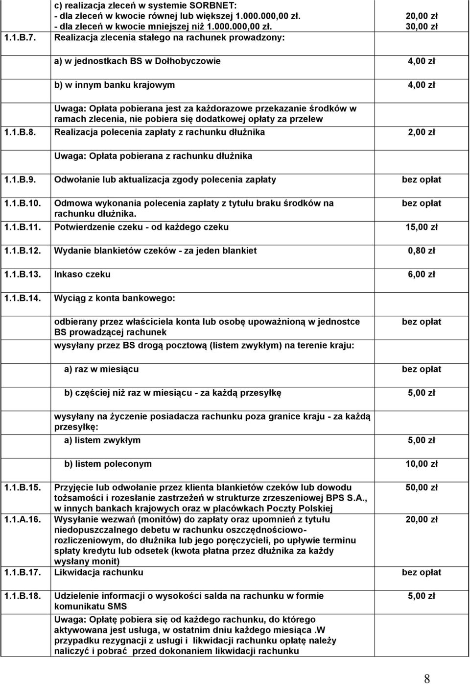 Realizacja zlecenia stałego na rachunek prowadzony: a) w jednostkach BS w Dołhobyczowie 4,00 zł b) w innym banku krajowym 4,00 zł Uwaga: Opłata pobierana jest za każdorazowe przekazanie środków w