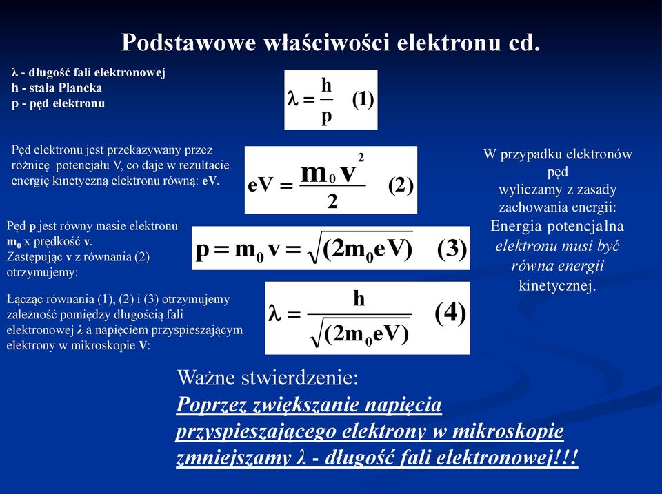 Łącząc równania (1), (2) i (3) otrzymujemy zależność pomiędzy długością fali elektronowej λ a napięciem przyspieszającym elektrony w mikroskopie V: ev h p 2 ( 1) m v 2 0 (2) p m0 v ( 2m0eV) h ( 2m