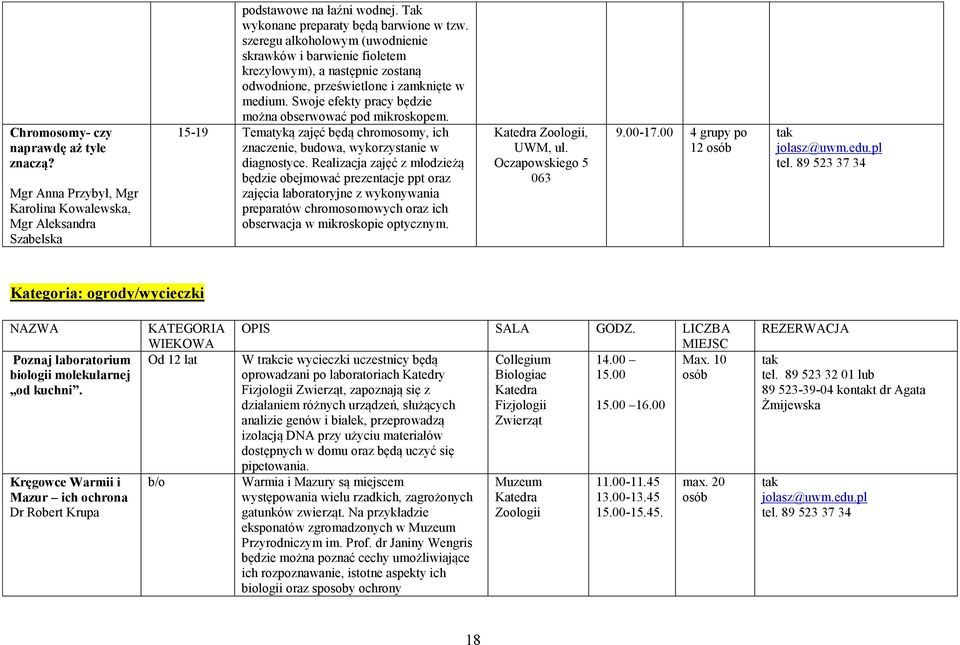 Swoje efekty pracy będzie można obserwować pod mikroskopem. 15-19 Tematyką zajęć będą chromosomy, ich znaczenie, budowa, wykorzystanie w diagnostyce.