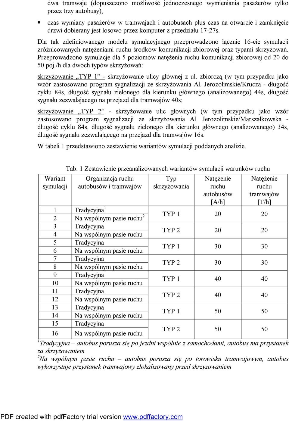 Dla tak zdefiniowanego modelu symulacyjnego przeprowadzono łącznie 16-cie symulacji zróżnicowanych natężeniami ruchu środków komunikacji zbiorowej oraz typami skrzyżowań.