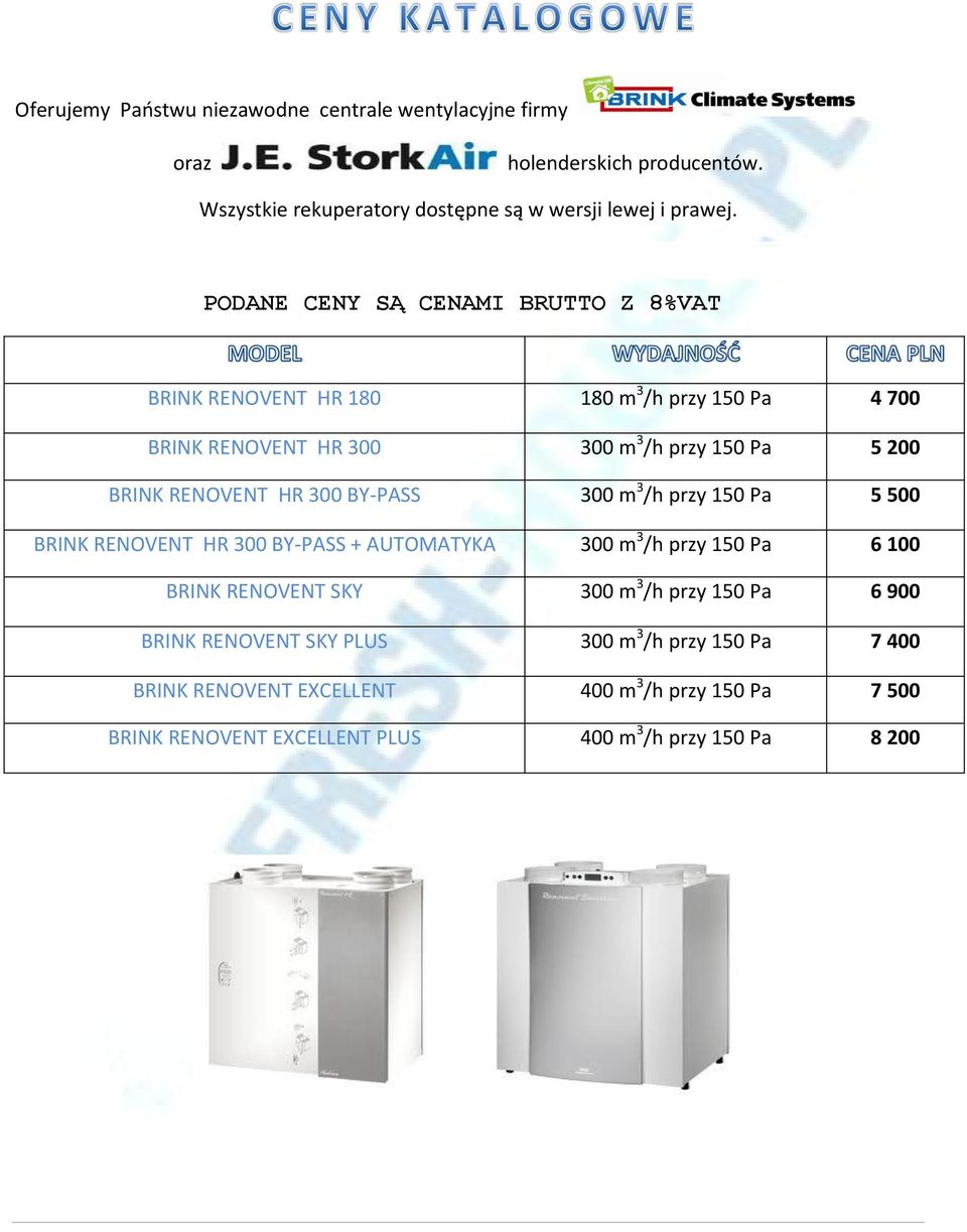 BRINK RENOVENT HR 180 180 m 3 /h przy 150 Pa 4 700 BRINK RENOVENT HR 300 300 m 3 /h przy 150 Pa 5 200 BRINK RENOVENT HR 300 BY-PASS 300 m 3 /h przy 150 Pa 5 500