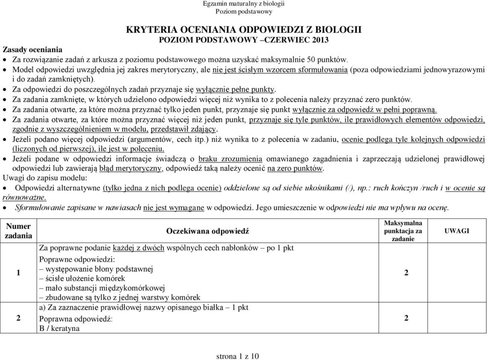 Za odpowiedzi do poszczególnych zadań przyznaje się wyłącznie pełne punkty. Za zadania zamknięte, w których udzielono odpowiedzi więcej niż wynika to z polecenia należy przyznać zero punktów.