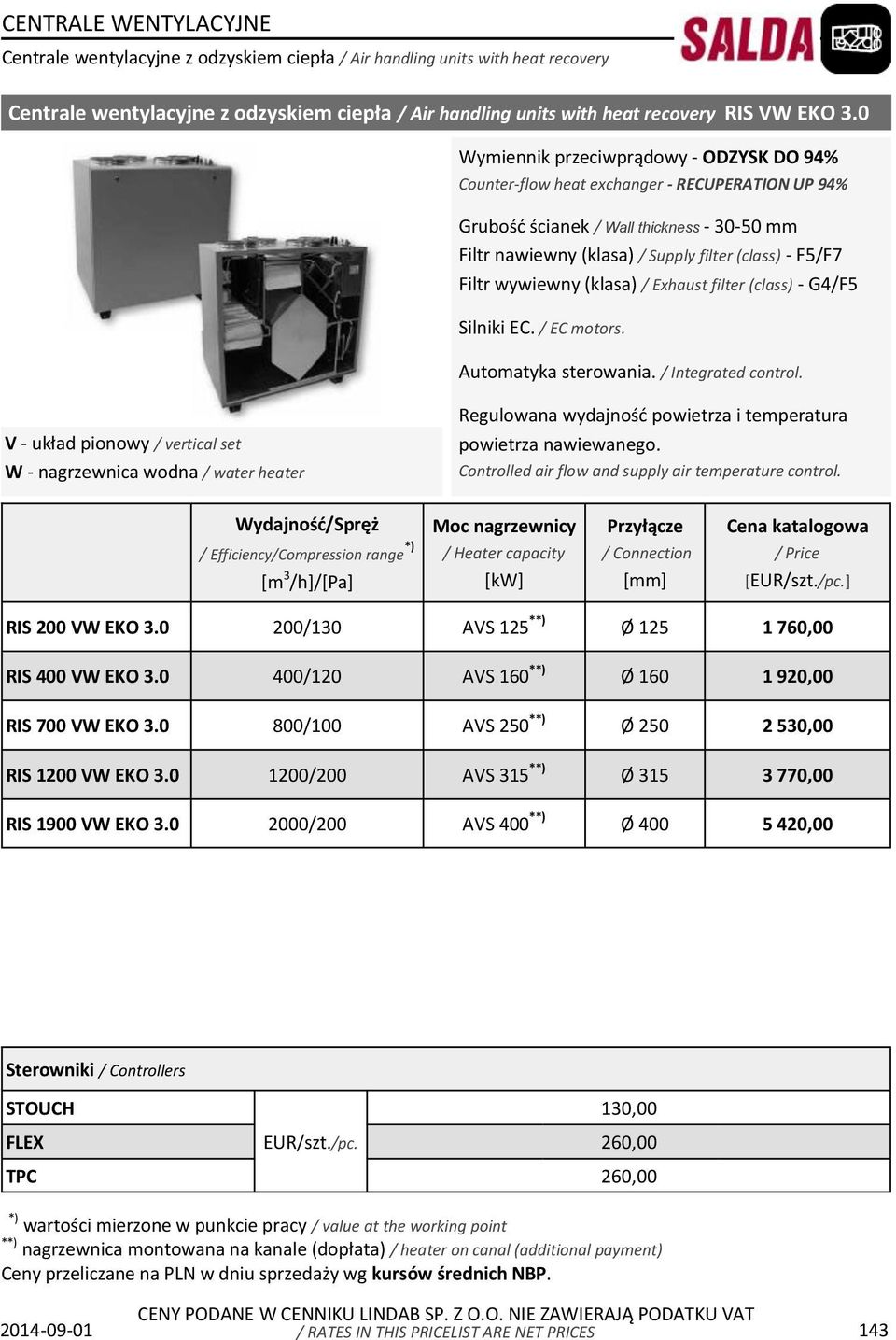 wywiewny (klasa) / Exhaust filter (class) - G4/F5 Silniki EC. / EC motors. Automatyka sterowania. / Integrated control.