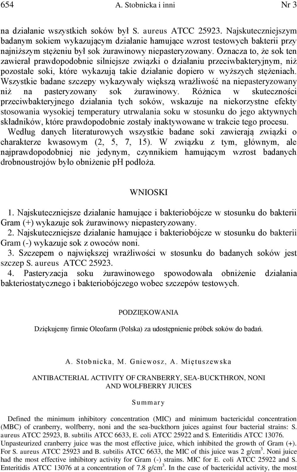 Oznacza to, że sok ten zawierał prawdopodobnie silniejsze związki o działaniu przeciwbakteryjnym, niż pozostałe soki, które wykazują takie działanie dopiero w wyższych stężeniach.