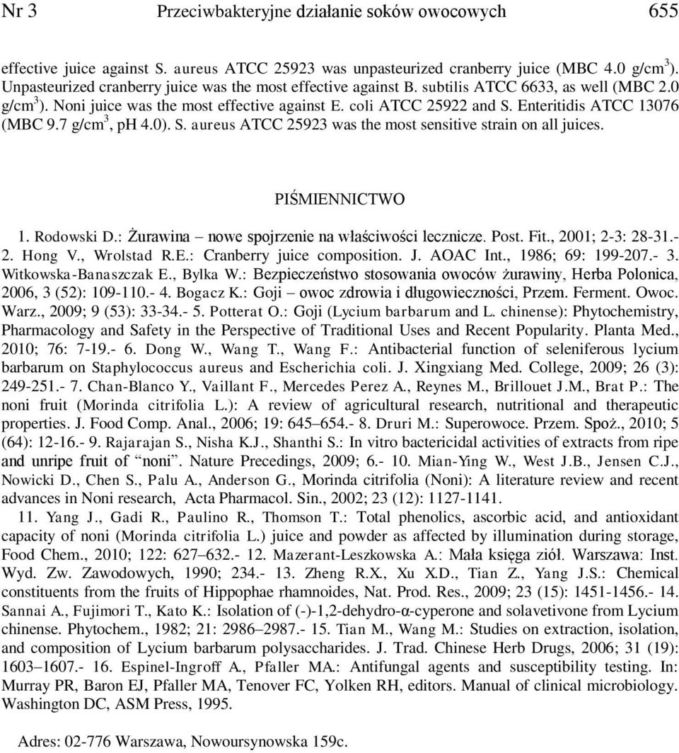 Enteritidis ATCC 13076 (MBC 9.7 g/cm 3, ph 4.0). S. aureus ATCC 25923 was the most sensitive strain on all juices. PIŚMIENNICTWO 1. Rodowski D.: Żurawina nowe spojrzenie na właściwości lecznicze.