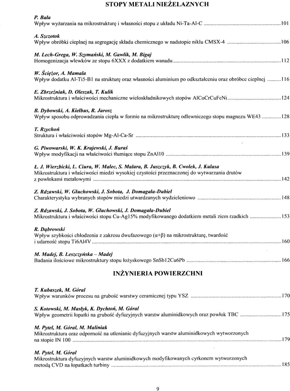 Bigaj Homogenizacja wlewków ze stopu 6XXX z dodatkiem wanadu 112 W. Sciezor, A. Mamala Wplyw dodatku Al-Ti5-Bl na strukture oraz wlasnosci aluminium po odksztalceniu oraz obróbce cieplnej 116 E.