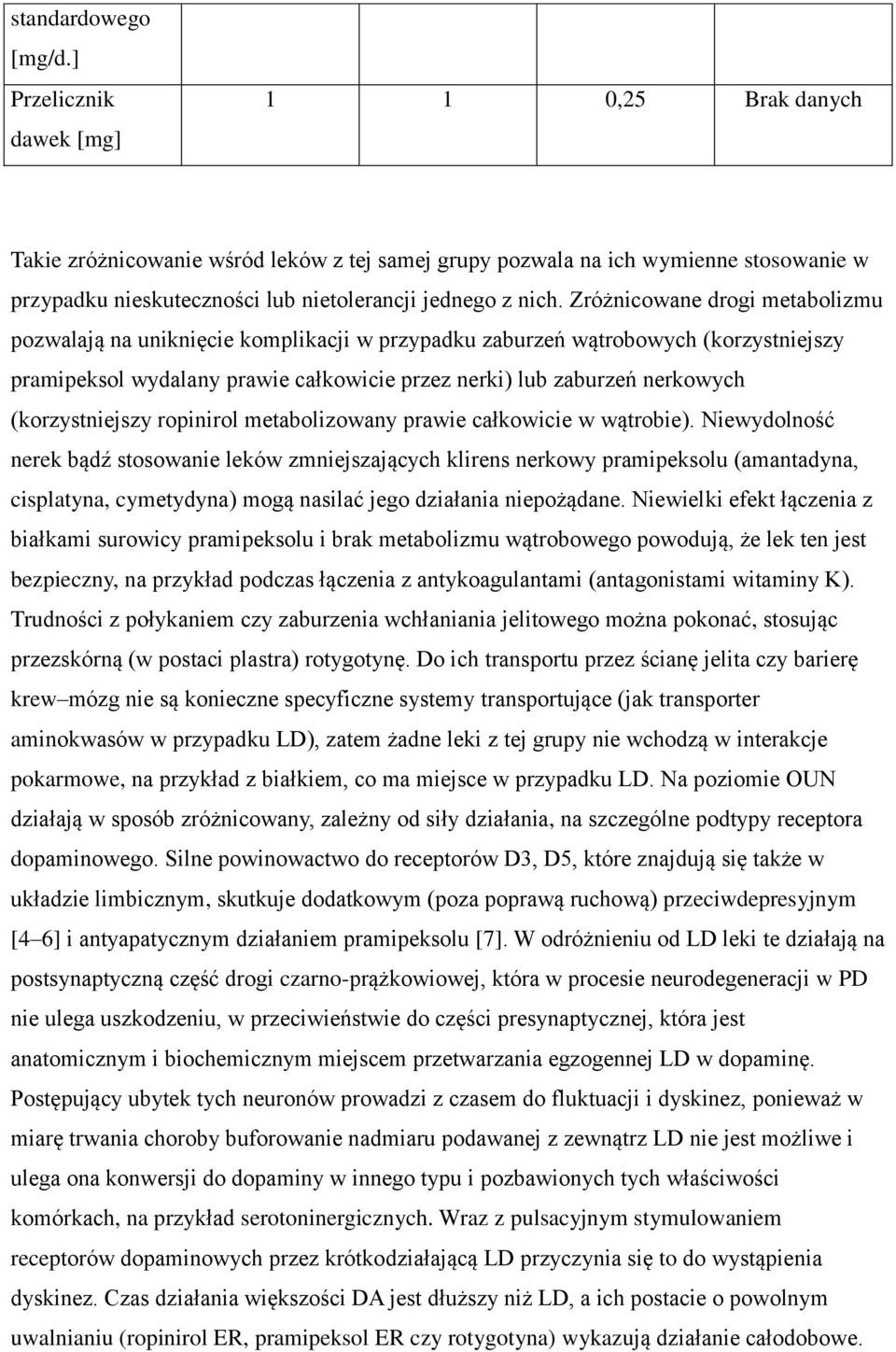 Zróżnicowane drogi metabolizmu pozwalają na uniknięcie komplikacji w przypadku zaburzeń wątrobowych (korzystniejszy pramipeksol wydalany prawie całkowicie przez nerki) lub zaburzeń nerkowych
