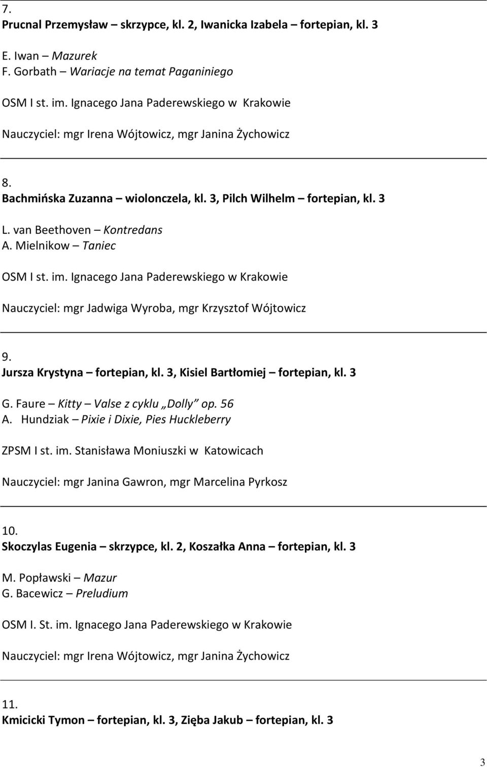 Jursza Krystyna fortepian, kl. 3, Kisiel Bartłomiej fortepian, kl. 3 G. Faure Kitty Valse z cyklu Dolly op. 56 A. Hundziak Pixie i Dixie, Pies Huckleberry ZPSM I st. im.