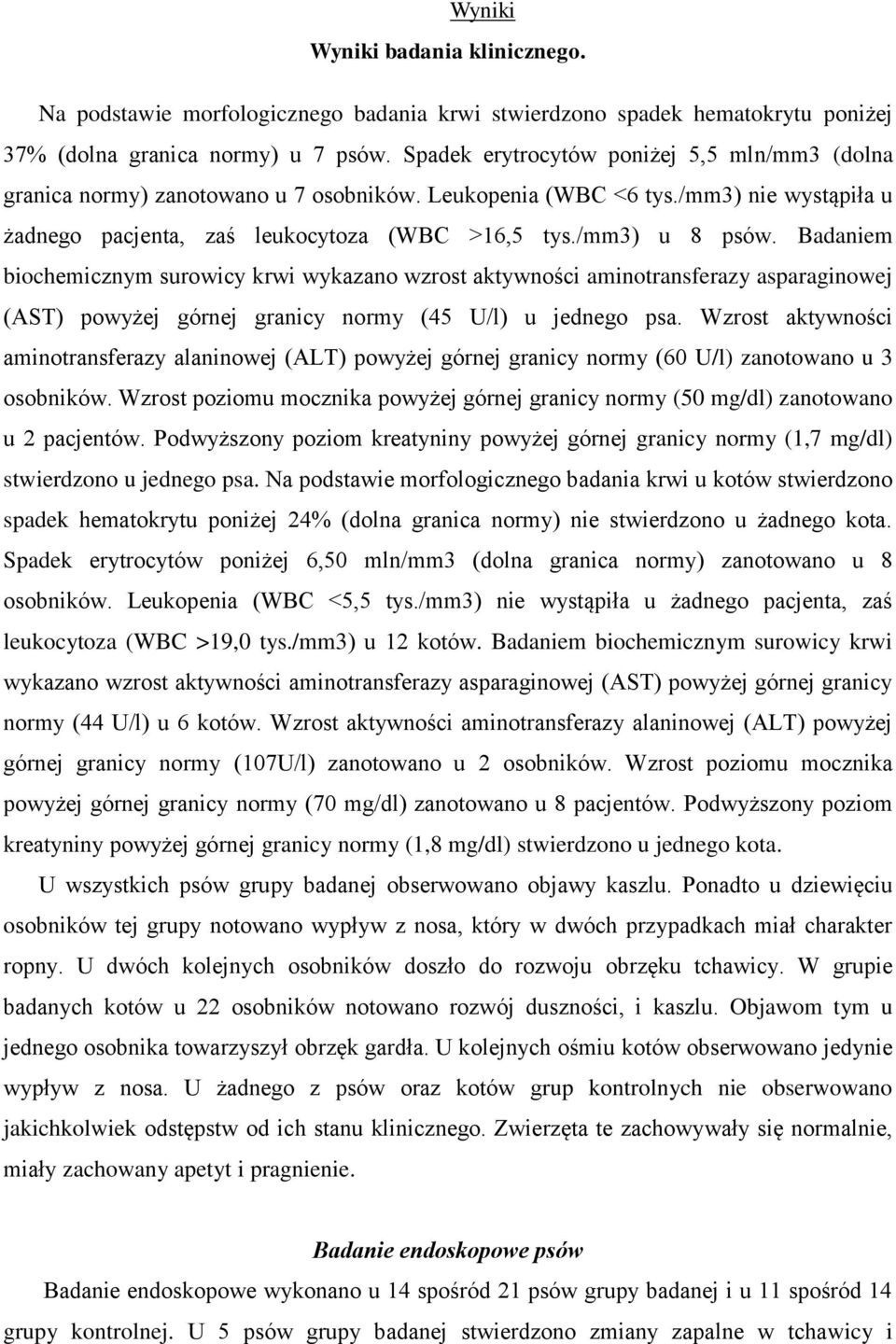 Badaniem biochemicznym surowicy krwi wykazano wzrost aktywności aminotransferazy asparaginowej (AST) powyżej górnej granicy normy (45 U/l) u jednego psa.