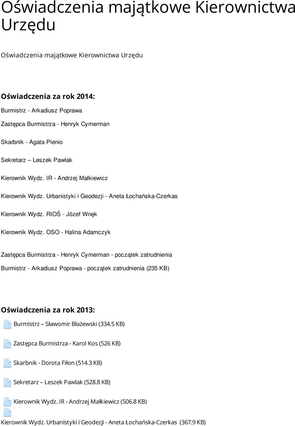 OSO - Halina Adamczyk Zastępca Burmistrza - Henryk Cymerman - początek zatrudnienia Burmistrz - Arkadiusz Poprawa - początek zatrudnienia (235 KB) Oświadczenia za rok 2013: Burmistrz Sławomir