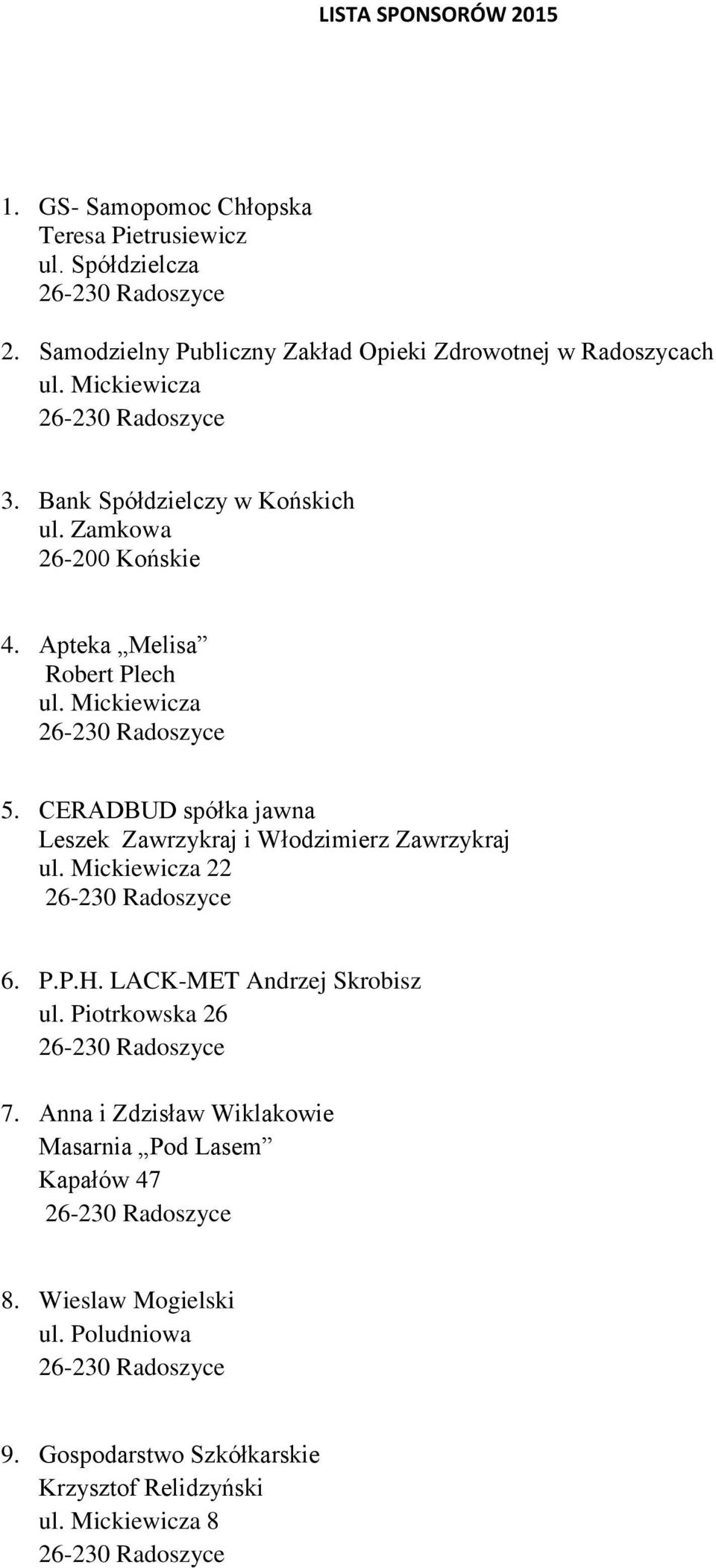 CERADBUD spółka jawna Leszek Zawrzykraj i Włodzimierz Zawrzykraj ul. Mickiewicza 22 6. P.P.H. LACK-MET Andrzej Skrobisz ul.