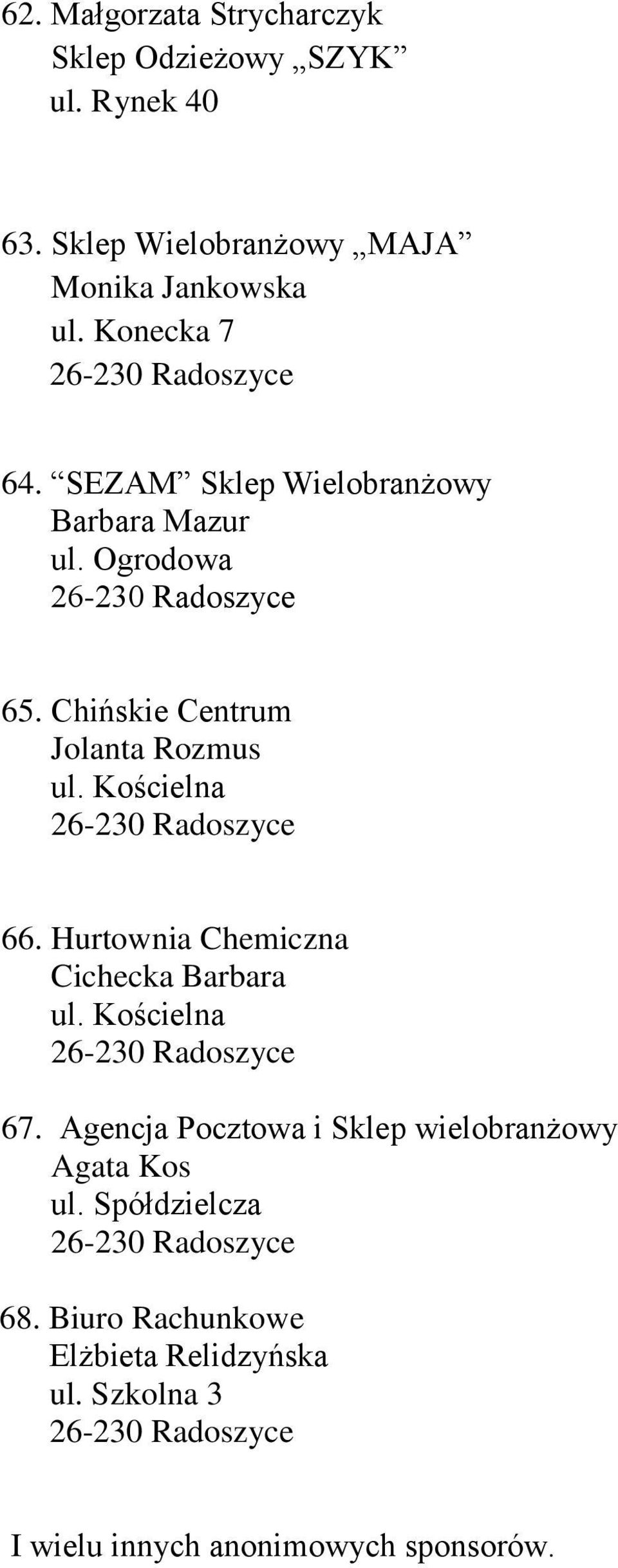 Chińskie Centrum Jolanta Rozmus ul. Kościelna 66. Hurtownia Chemiczna Cichecka Barbara ul. Kościelna 67.