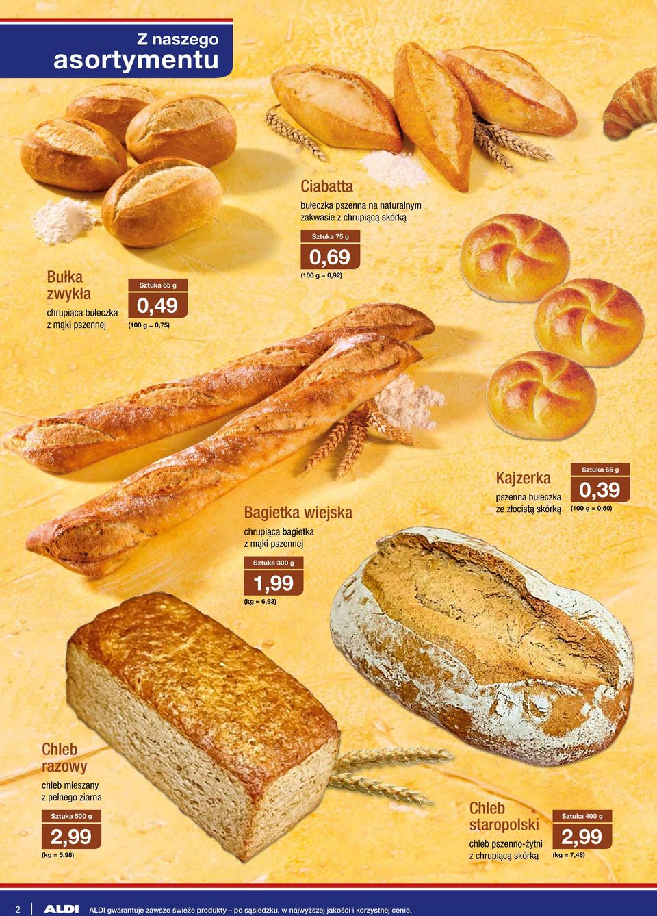 bułeczka ze złocistą skórką 65 g 0,39 (100 g = 0,60) Chleb razowy chleb mieszany z pełnego ziarna 500 g 2,99 (kg = 5,98) Chleb staropolski