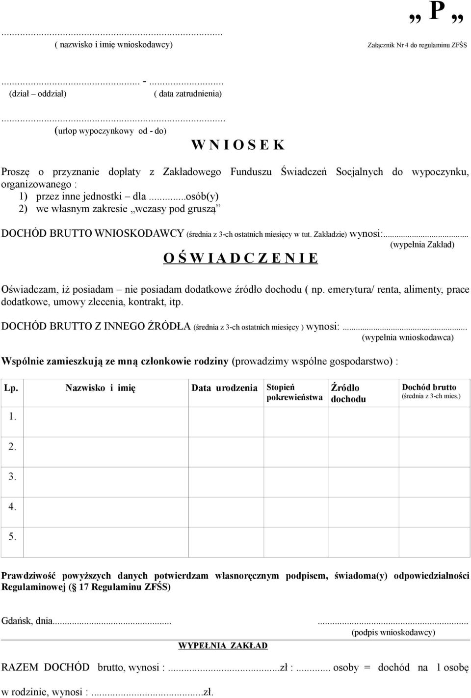 ..osób(y) 2) we własnym zakresie wczasy pod gruszą DOCHÓD BRUTTO WNIOSKODAWCY (średnia z 3-ch ostatnich miesięcy w tut. Zakładzie) wynosi:.