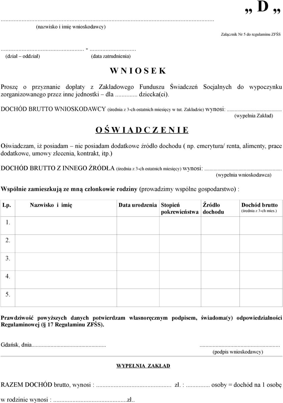 DOCHÓD BRUTTO WNIOSKODAWCY (średnia z 3-ch ostatnich miesięcy w tut. Zakładzie) wynosi:... (wypełnia Zakład) O Ś W I A D C Z E N I E Oświadczam, iż posiadam nie posiadam dodatkowe źródło dochodu ( np.