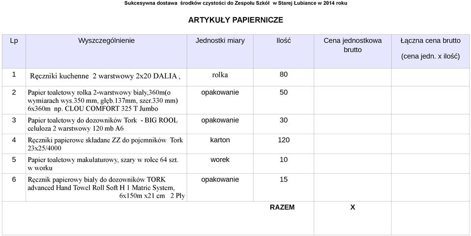 CLOU COMFORT 325 T Jumbo 3 Papier toaletowy do dozowników Tork - BIG ROOL celuloza 2 warstwowy 120 mb A6 4 Ręczniki papierowe składane ZZ do pojemników Tork