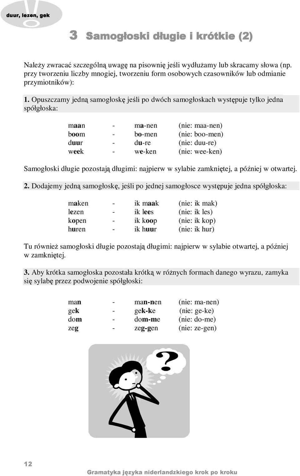 Opuszczamy jedn samog osk je li po dwóch samog oskach wyst puje tylko jedna spó oska: maan - ma-nen (nie: maa-nen) boom - bo-men (nie: boo-men) duur - du-re (nie: duu-re) week - we-ken (nie: wee-ken)