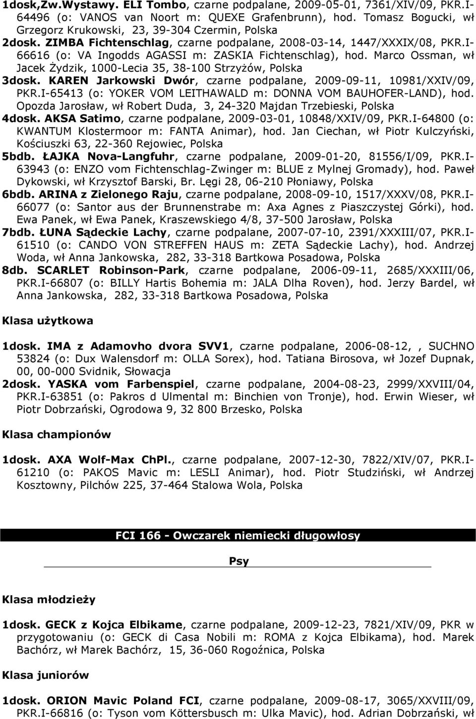 I- 66616 (o: VA Ingodds AGASSI m: ZASKIA Fichtenschlag), hod. Marco Ossman, wł Jacek Żydzik, 1000-Lecia 35, 38-100 Strzyżów, Polska 3dosk.