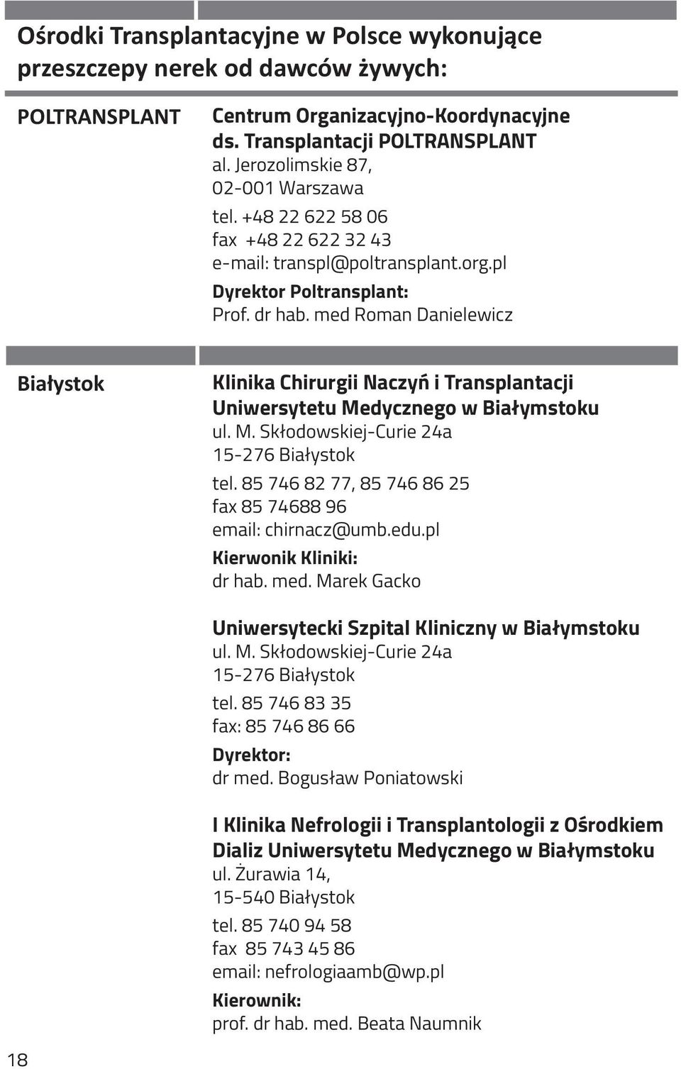 med Roman Danielewicz Białystok Klinika Chirurgii Naczyń i Transplantacji Uniwersytetu Medycznego w Białymstoku ul. M. Skłodowskiej-Curie 24a 15-276 Białystok tel.