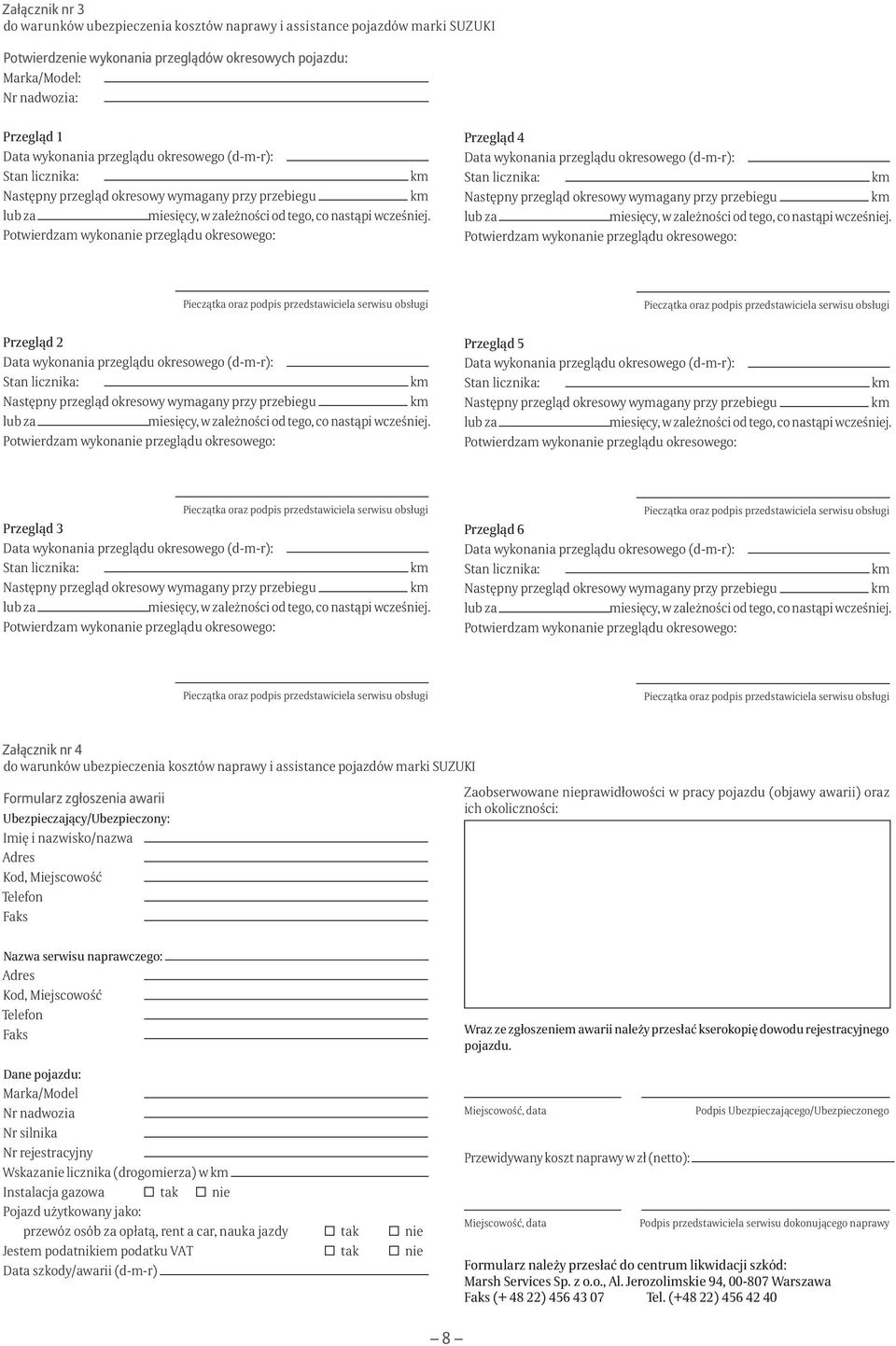 nazwisko/nazwa Adres Kod, Miejscowość Telefon Faks Zaobserwowane nieprawidłowości w pracy pojazdu (objawy awarii) oraz ich okoliczności: Nazwa serwisu naprawczego: Adres Kod, Miejscowość Telefon Faks
