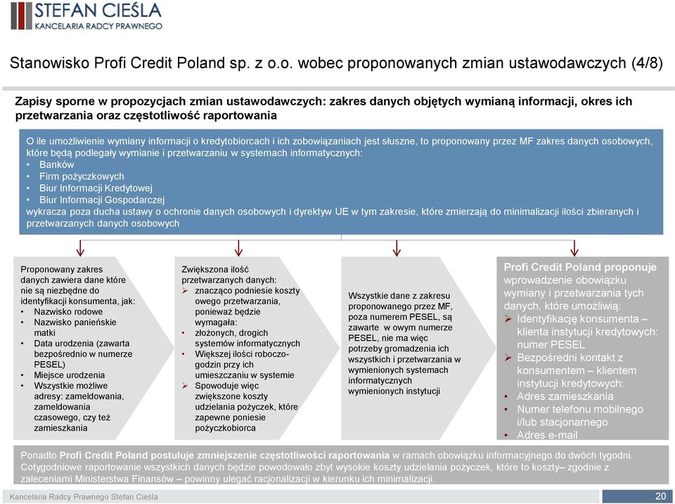 przetwarzania oraz częstotliwość raportowania O ile umożliwienie wymiany informacji o kredytobiorcach i ich zobowiązaniach jest słuszne, to proponowany przez MF zakres danych osobowych, które będą